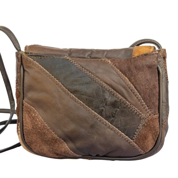 Vintage 1980's Handbag MONIQUE Mini Crossbody Bag Brown Leather Patchwork Purse - Picture 3 of 8
